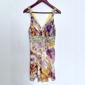 Simon Chang Yellow and Purple Sequin Halter Mini Dress
